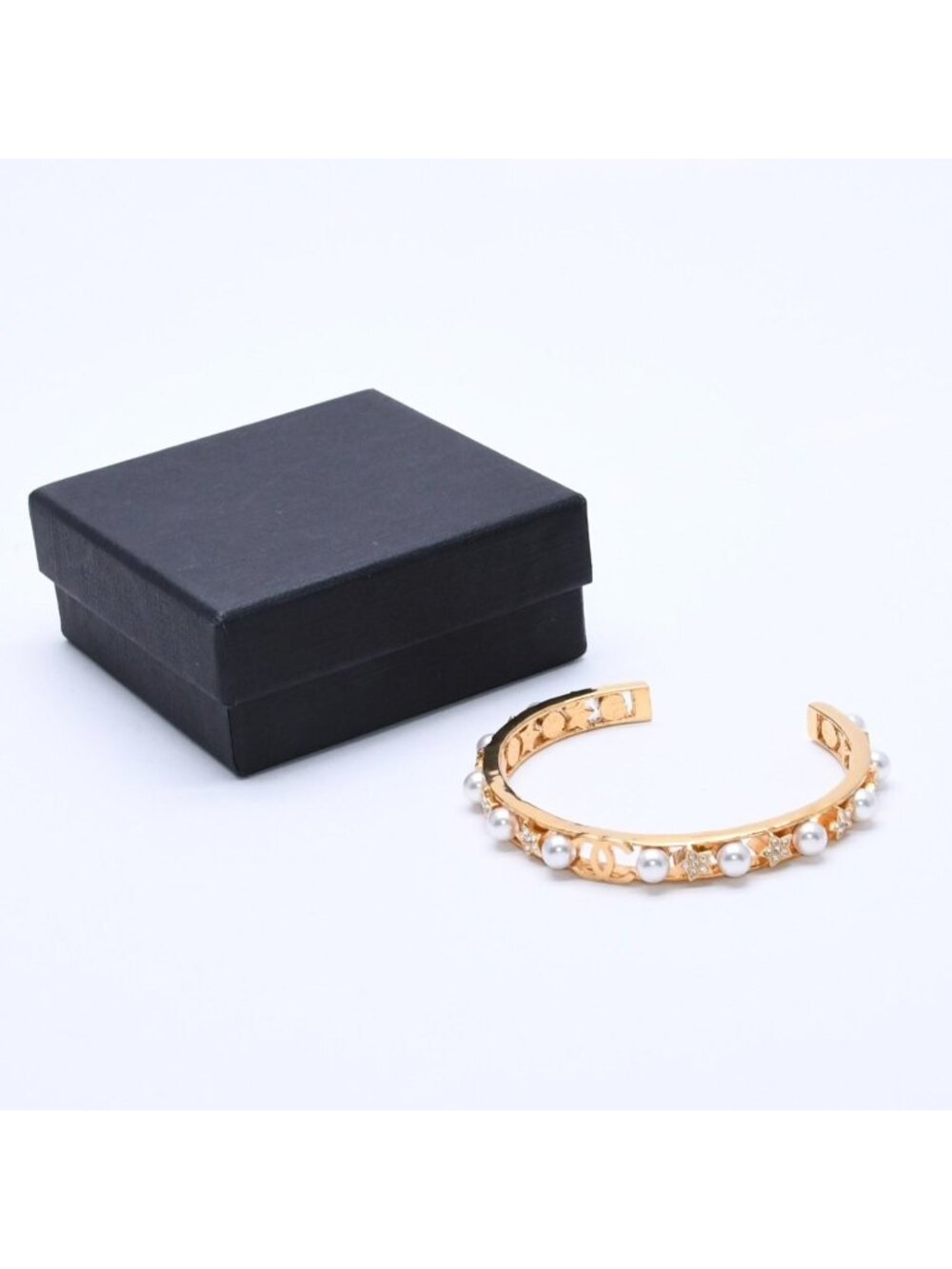Chanel CC Logo Bangle Faux Pearl Gold Metal Rhinestone Bracelet